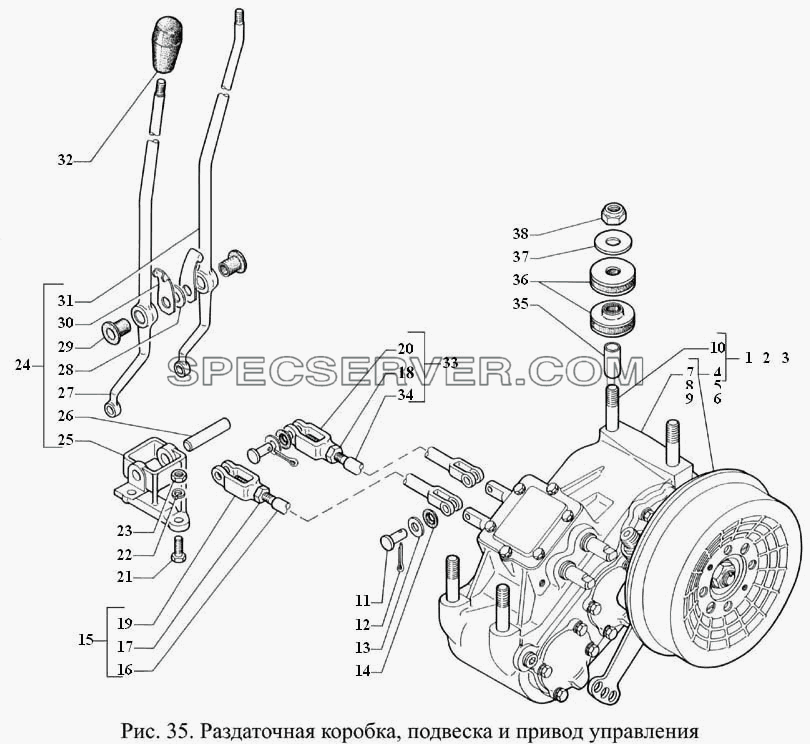 Раздаточная коробка, подвеска и привод управления для ГАЗ-3308 (список запасных частей)
