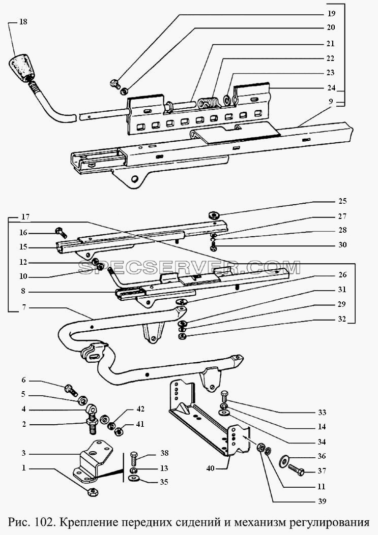 Крепление передних сидений и механизм регулирования для ГАЗ-3308 (список запасных частей)