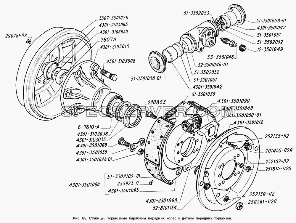 Ступицы, тормозные барабаны передних колес и детали передних тормозов для ГАЗ-4301 (список запасных частей)