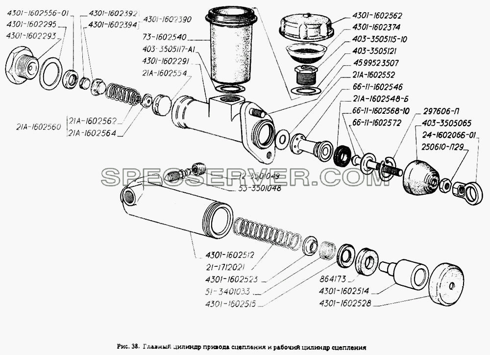 Главный цилиндр привода сцепления и рабочий цилиндр сцепления для ГАЗ-4301 (список запасных частей)