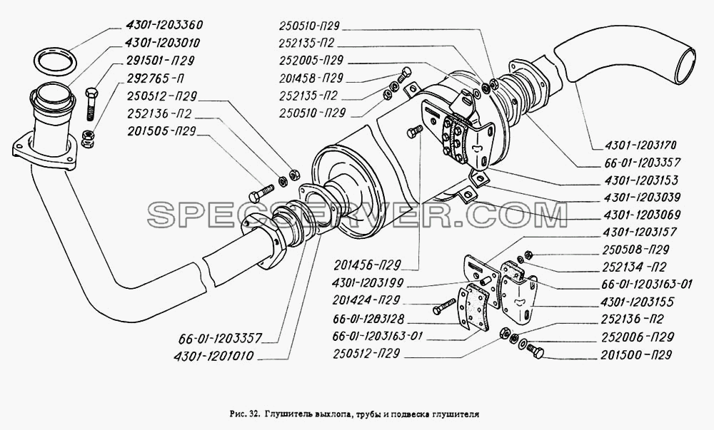 Глушитель выхлопа, трубы и подвеска глушителя для ГАЗ-4301 (список запасных частей)
