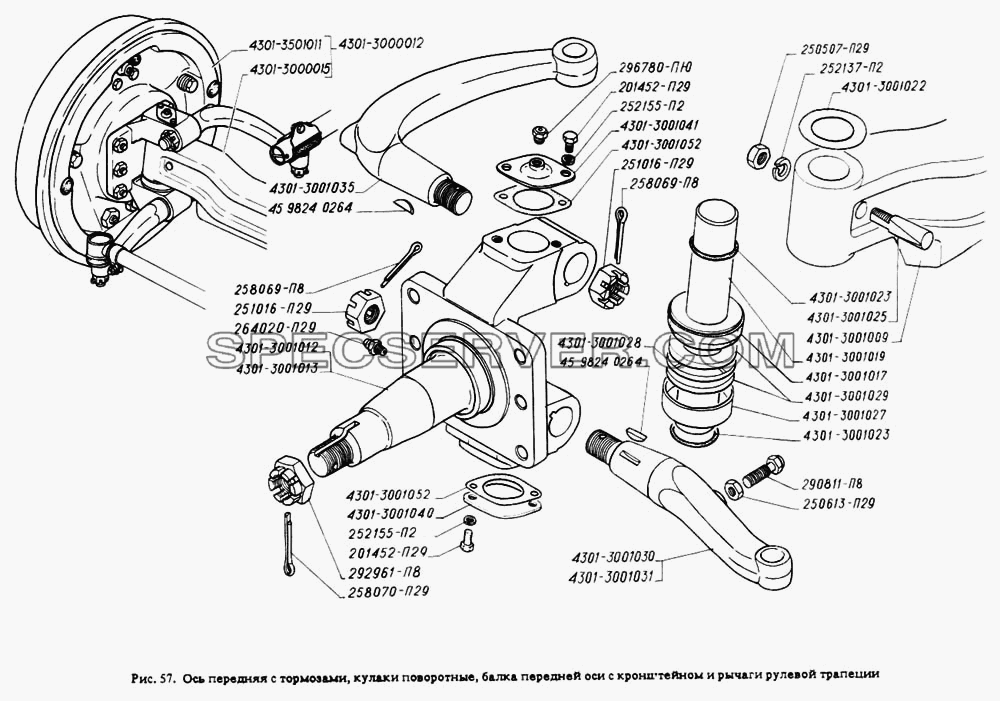 Ось передняя с тормозами, кулаки поворотные, балка передней оси с кронштейном и рычаги рулевой трапеции для ГАЗ-4301 (список запасных частей)