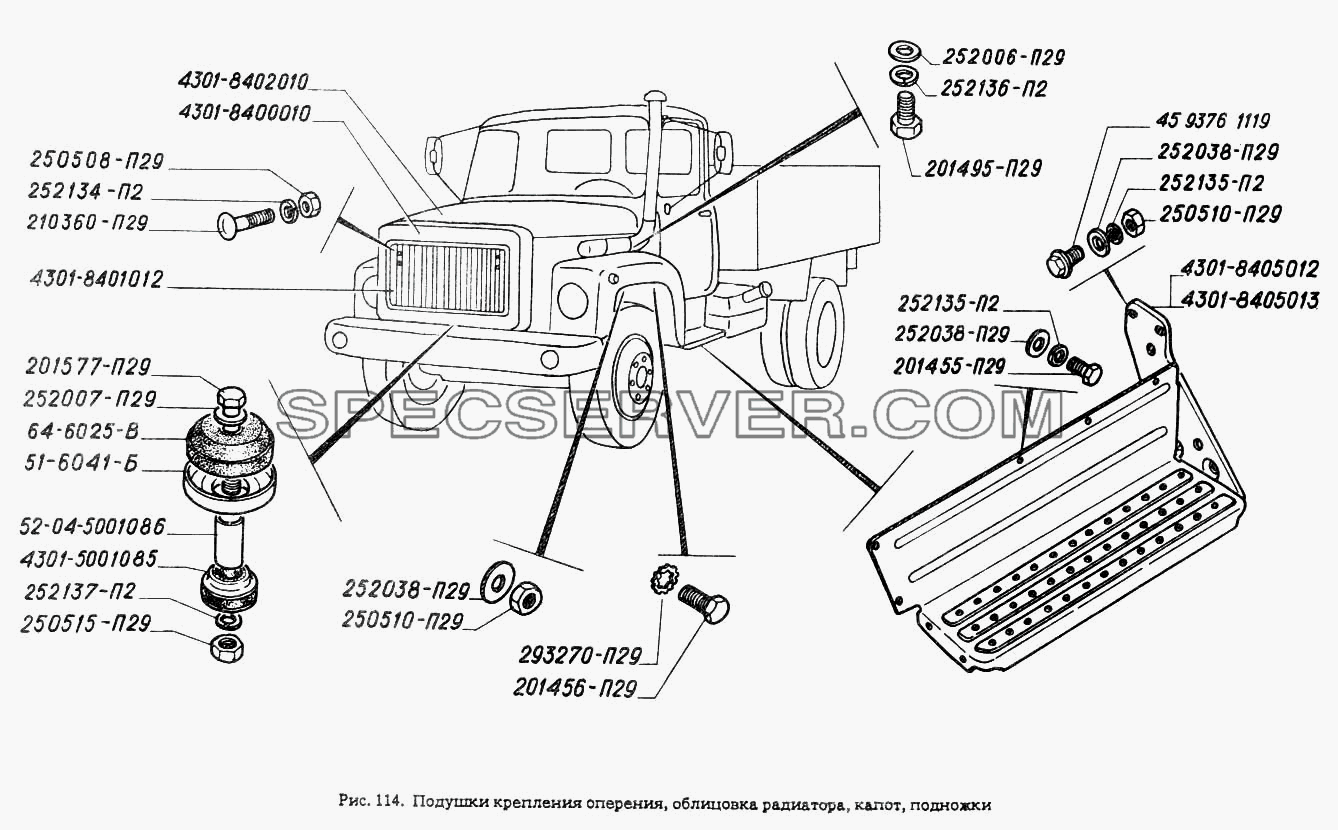Подушки крепления оперения, облицовка радиатора, капот, подножки для ГАЗ-4301 (список запасных частей)