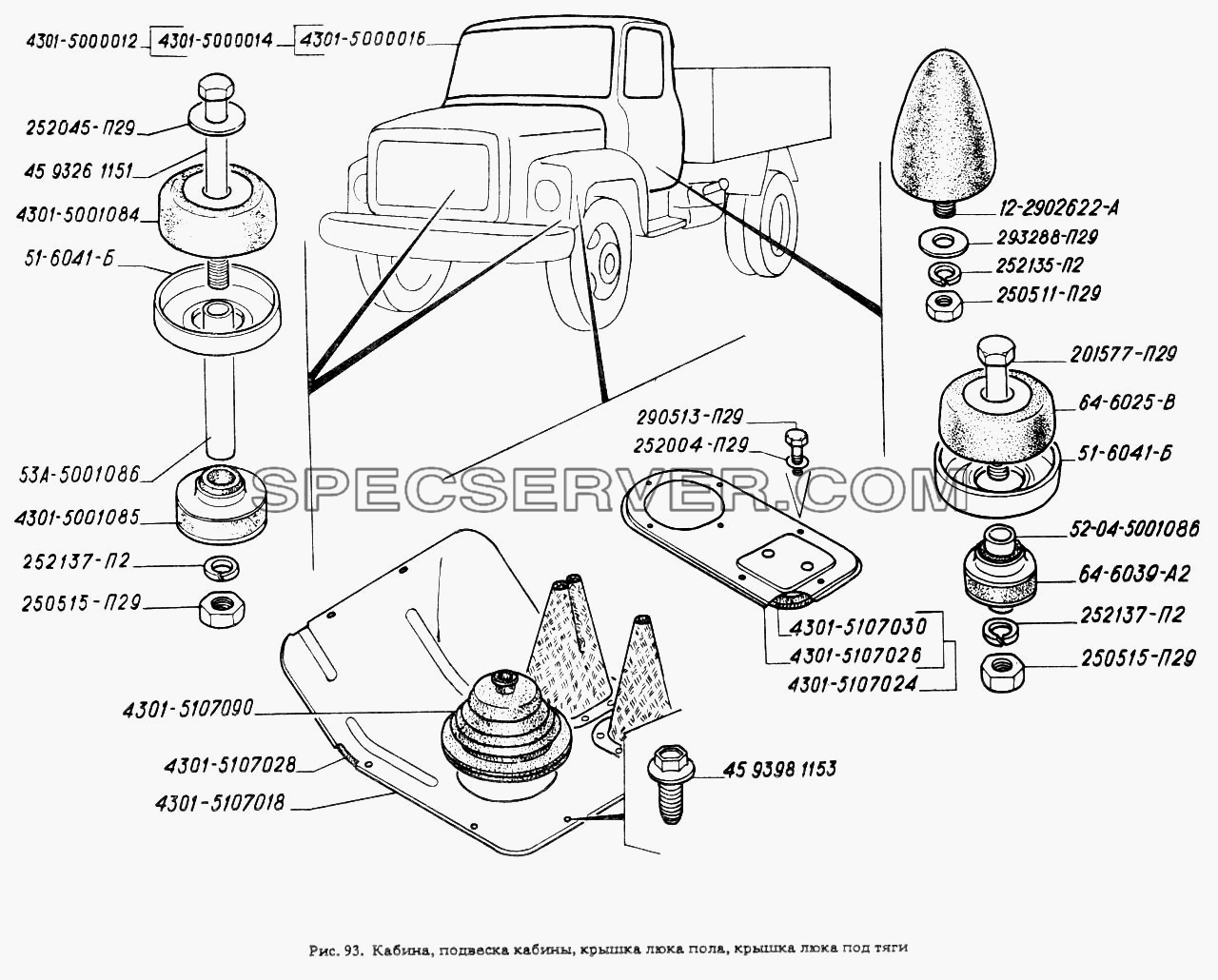 Кабина, подвеска кабины, крышка люка пола, крышка люка под тяги для ГАЗ-4301 (список запасных частей)