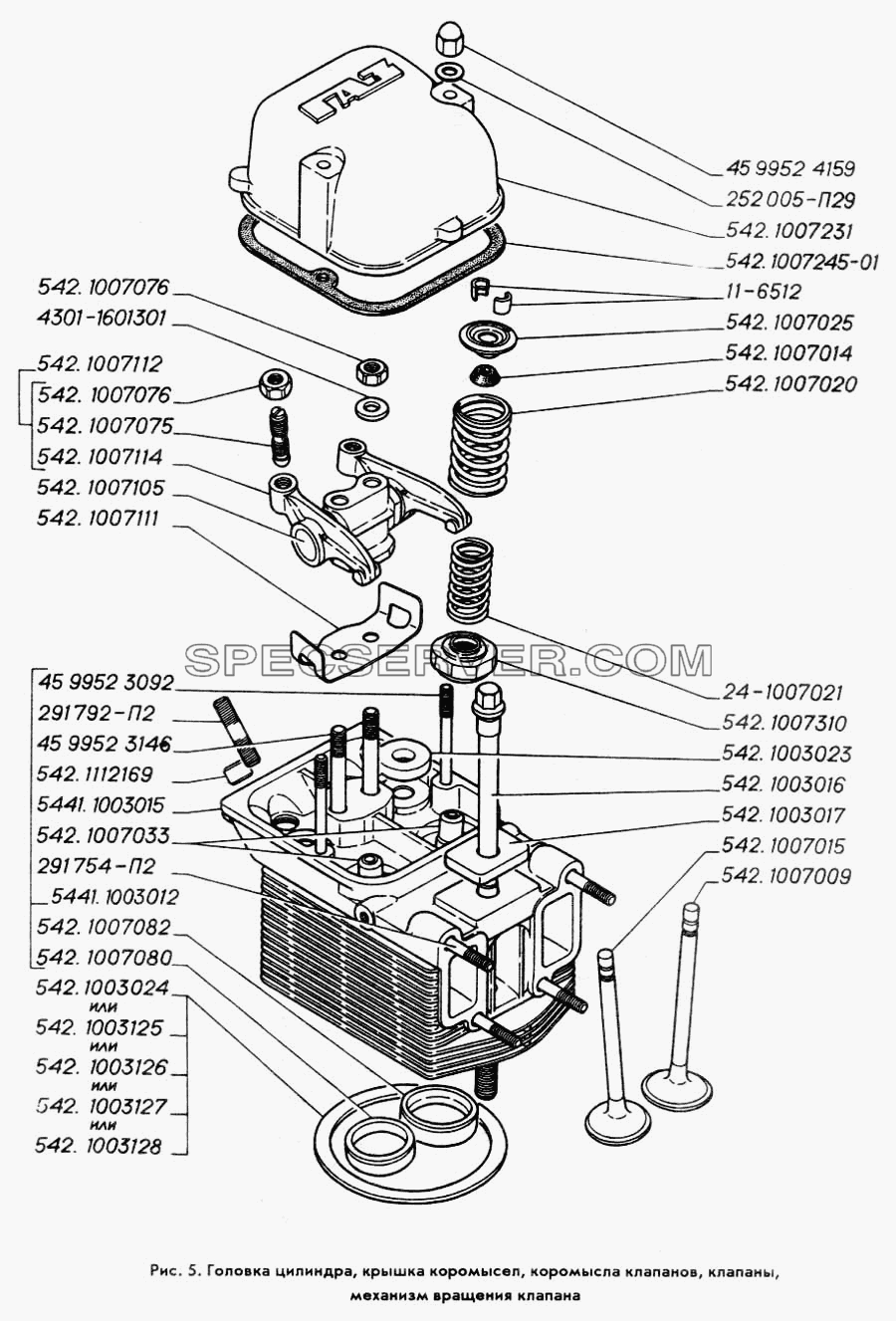 Головка цилиндра, крышка коромысел, коромысла клапанов, клапаны, механизм вращения клапана для ГАЗ-3309 (список запасных частей)