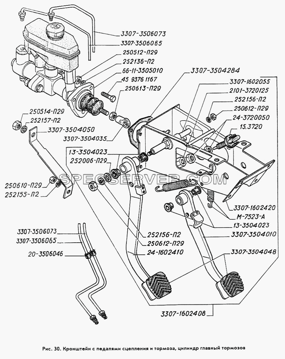 Кронштейн с педалями сцепления и тормоза, цилиндр главный тормозов для ГАЗ-3309 (список запасных частей)
