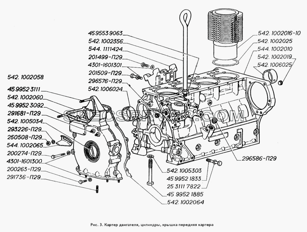 Картер двигателя, цилиндры, крышка передняя картера для ГАЗ-3309 (список запасных частей)
