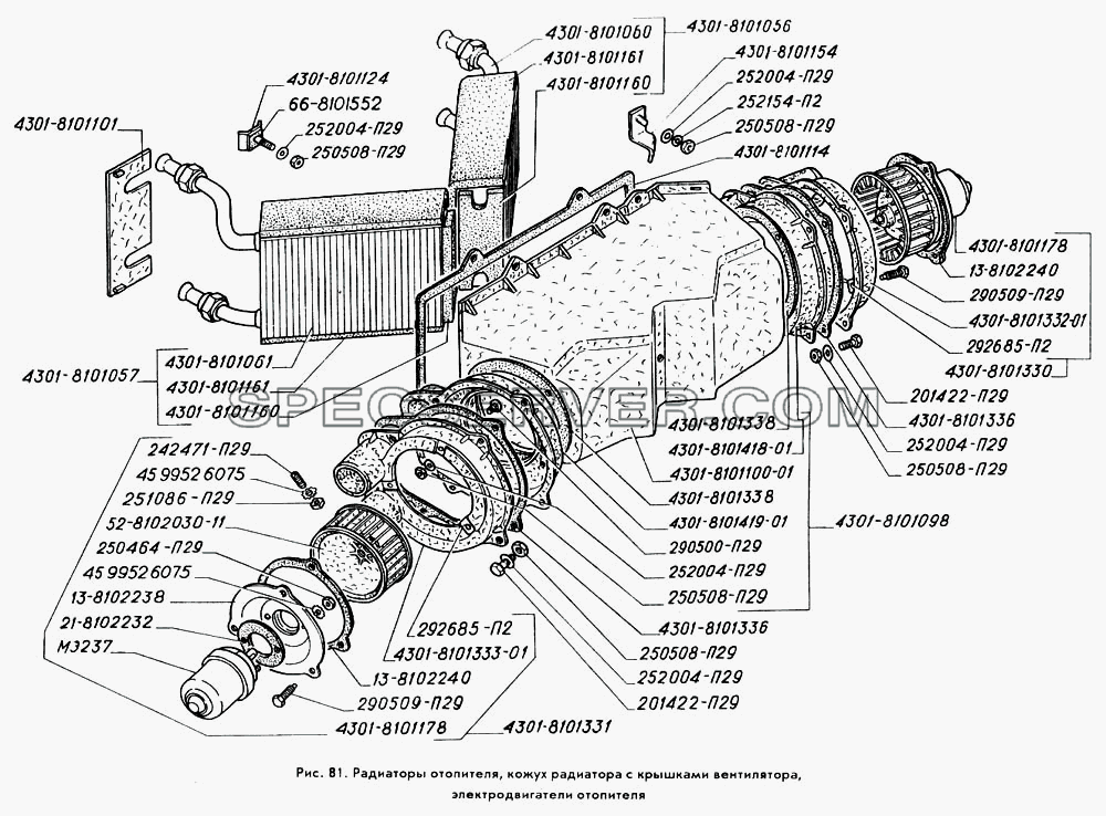 Радиаторы отопителя, кожух радиатора с крышками вентилятора, электродвигатели отопителя для ГАЗ-3309 (список запасных частей)