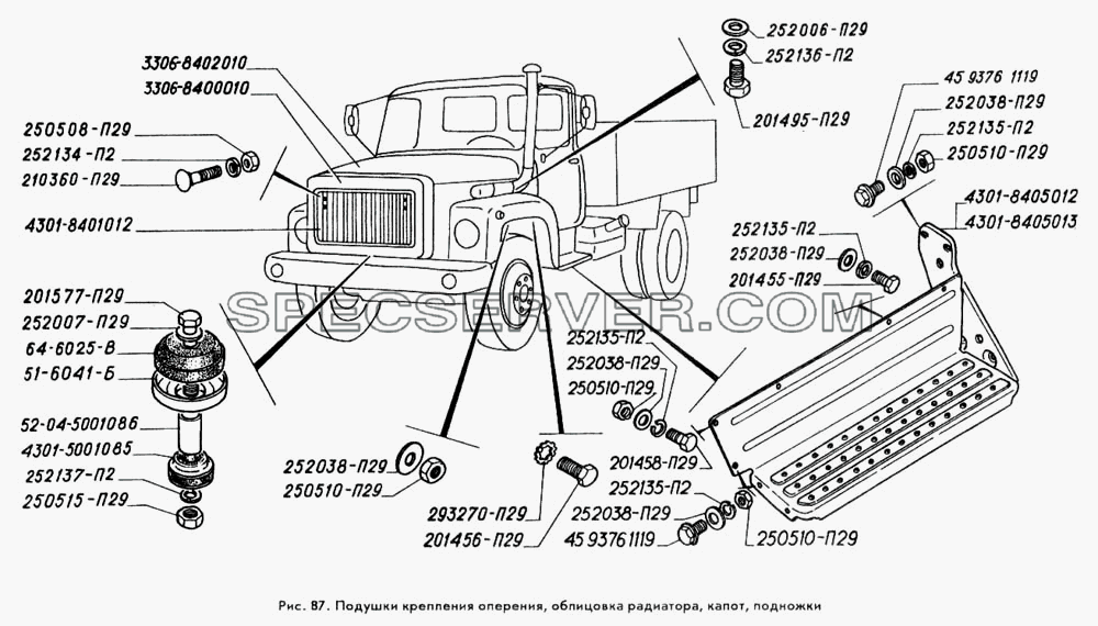 Подушки крепления оперения, облицовка радиатора, капот, подножки для ГАЗ-3309 (список запасных частей)