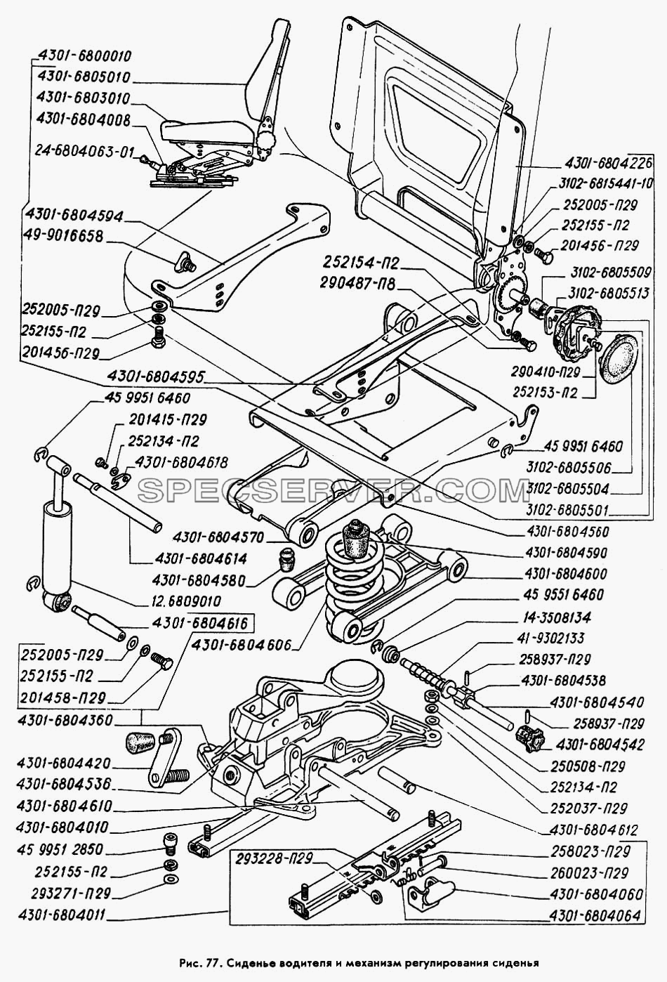 Сиденье водителя и механизм регулирования сиденья для ГАЗ-3309 (список запасных частей)