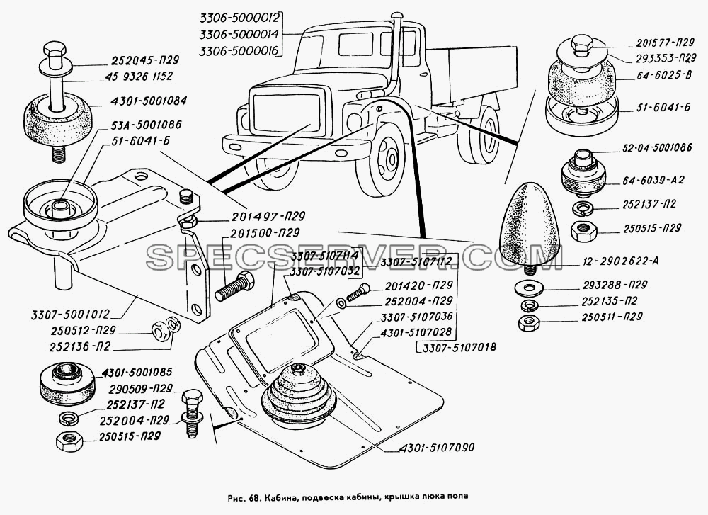 Кабина, подвеска кабины, крышка люка пола для ГАЗ-3309 (список запасных частей)