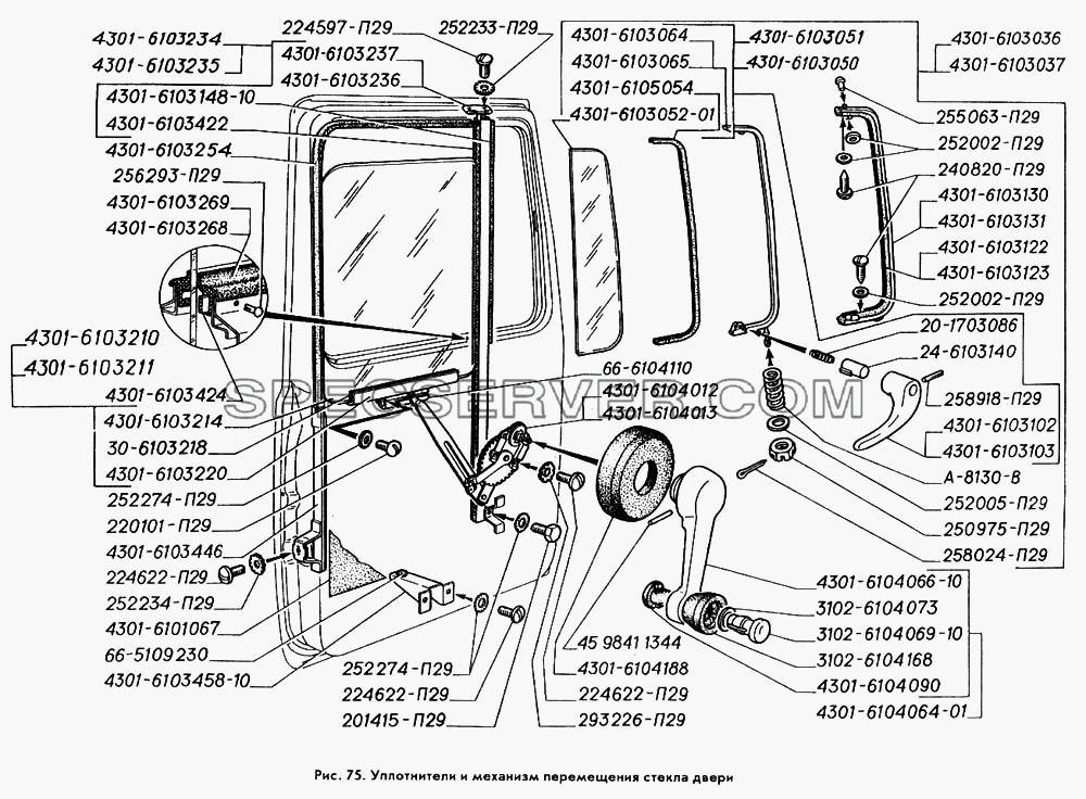 Уплотнители и механизм перемещения стекла двери для ГАЗ-3309 (список запасных частей)