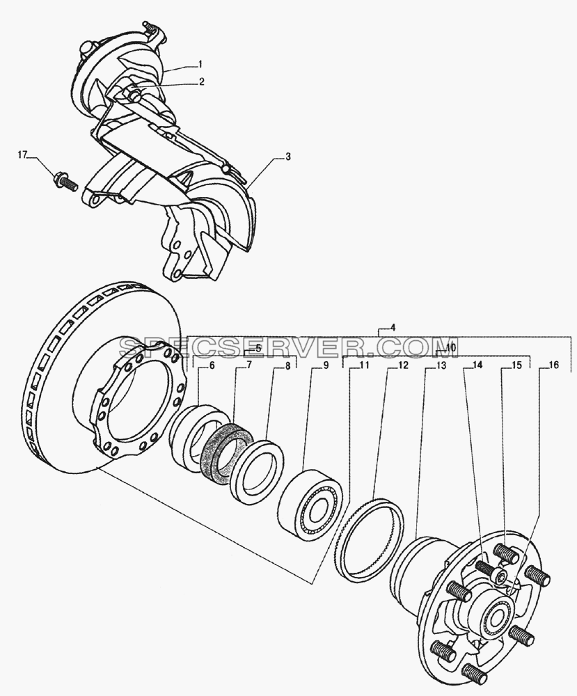 Ступица переднего колеса с тормозным диском, тормозной механизм для ГАЗ-33104 Валдай (список запасных частей)