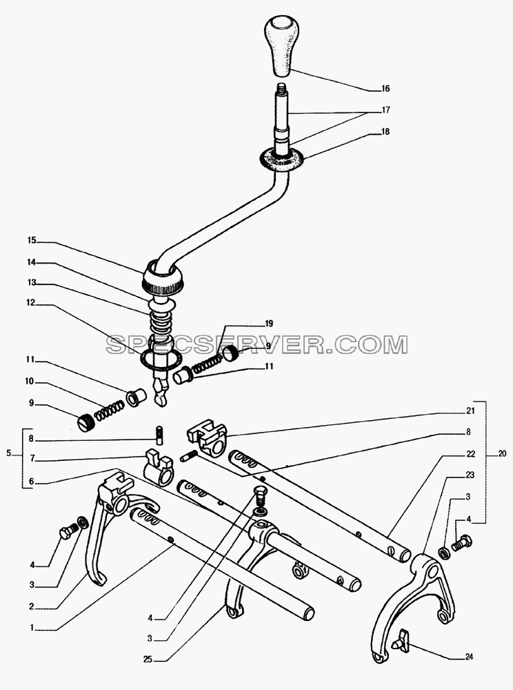 Детали механизма переключения коробки передач для ГАЗ-33104 Валдай (список запасных частей)