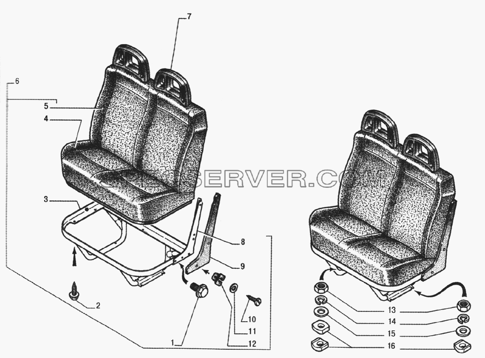Сиденье двухместное для ГАЗ-33104 Валдай (список запасных частей)