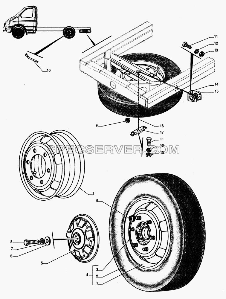 Установка колес, установка держателя запасного колеса для ГАЗ-33104 Валдай (список запасных частей)