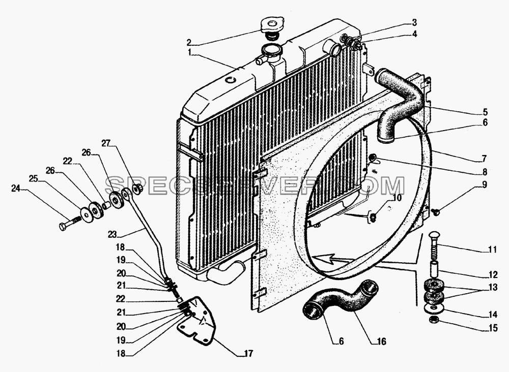 Установка системы охлаждения, радиатор для ГАЗ-33104 Валдай (список запасных частей)