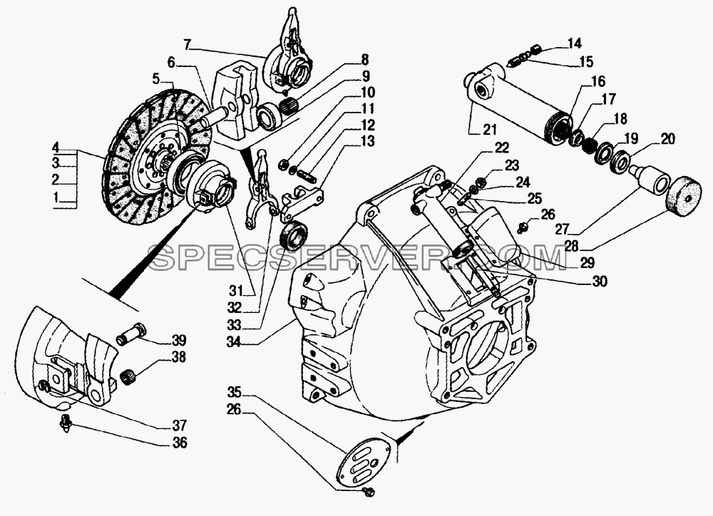 Сцепление, механизм выключения с рабочим цилиндром, ведомый диск сцепления для ГАЗ-33104 Валдай (список запасных частей)