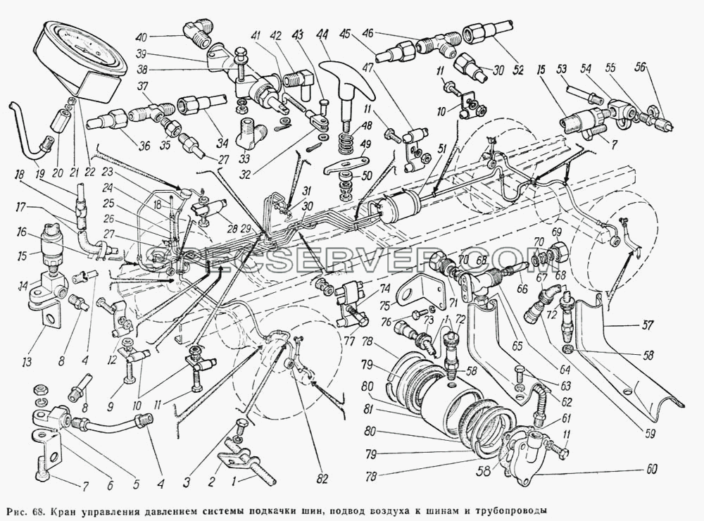 Кран управления давлением системы подкачки шин, подвод воздуха к шинам и трубопроводы для ГАЗ-66 (Каталога 1983 г.) (список запасных частей)