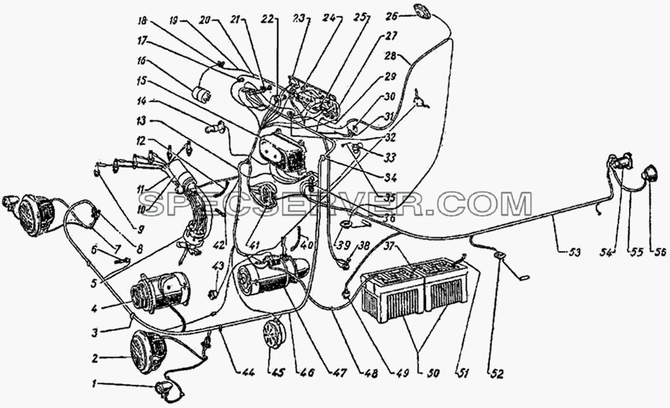 Схема электрооборудования для ГАЗ-51 (63, 63А) (список запасных частей)