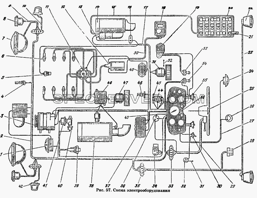 Схема электрооборудования для ГАЗ-53 А (список запасных частей)