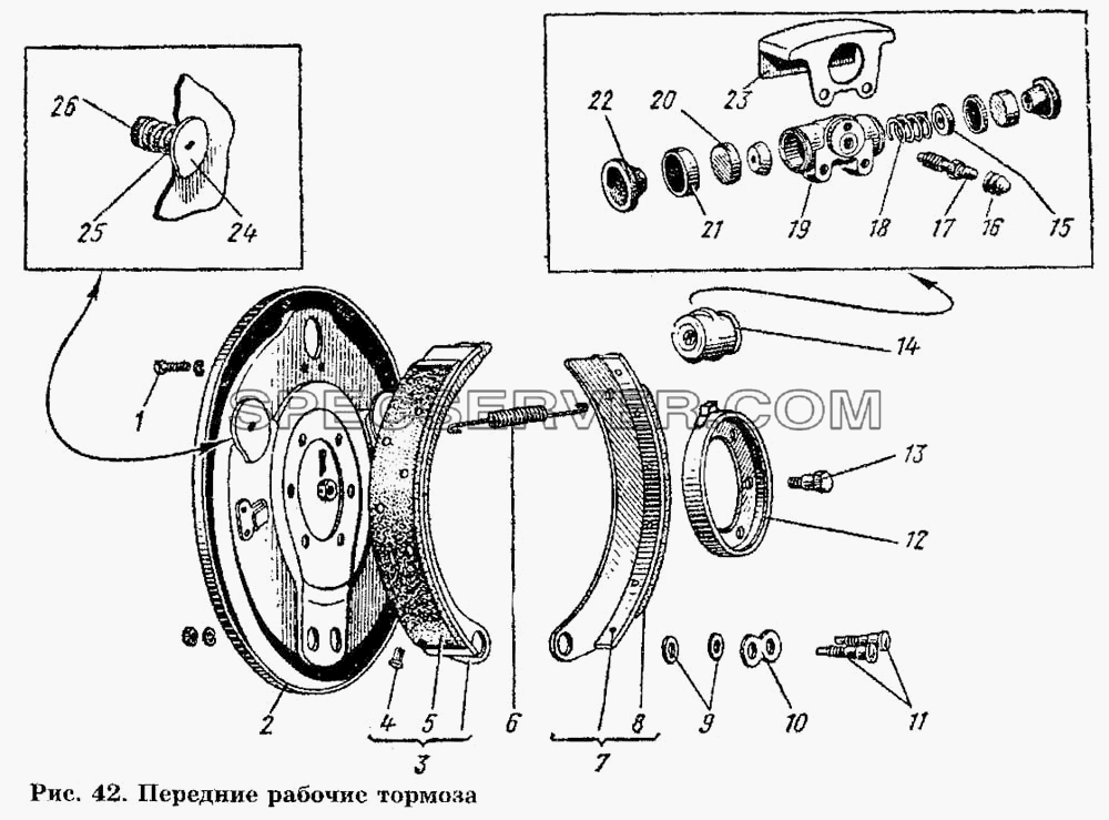 Передние рабочие тормоза для ГАЗ-53 А (список запасных частей)