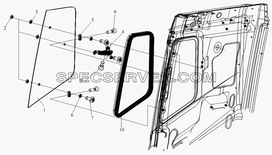 Стекло бокового окна типа открывания (правая сторона кабины со плоской крышей) для СА-4180 (P66K22A) (список запасных частей)