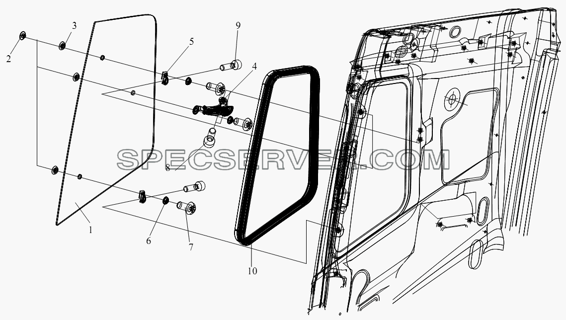 Стекло бокового окна типа открывания (правая сторона кабины со плоской крышей) для СА-4250 (P66K22T1A1EX) (список запасных частей)