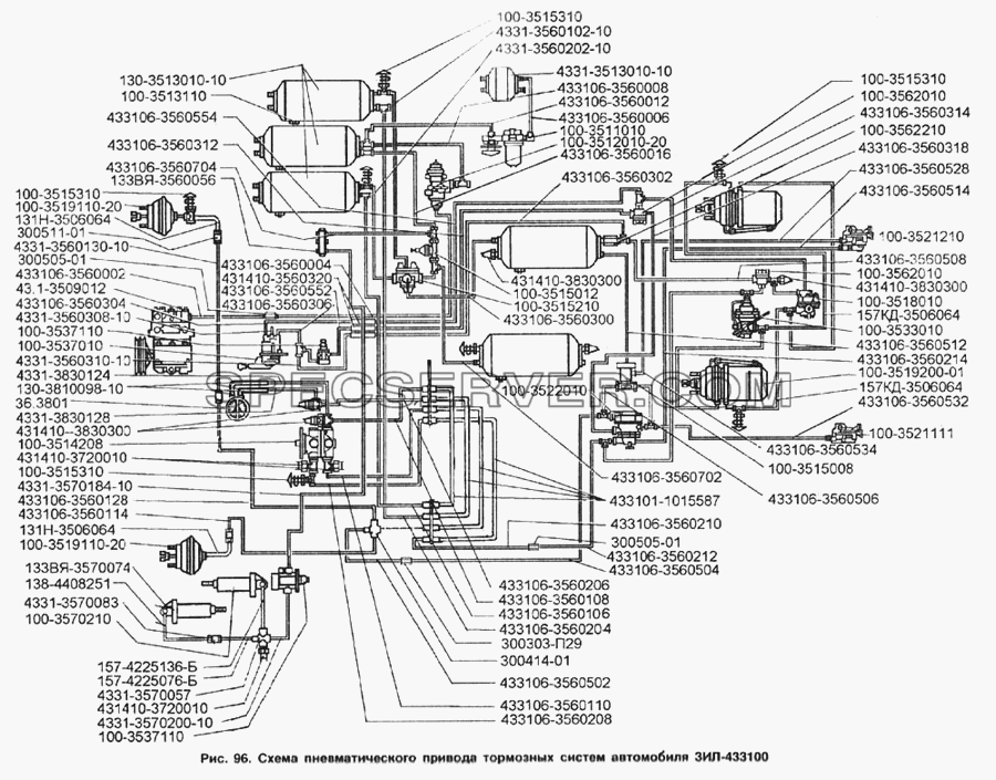 Схема пневматического привода тормозных систем автомобиля ЗИЛ-433100 для ЗИЛ-133Г40 (список запасных частей)