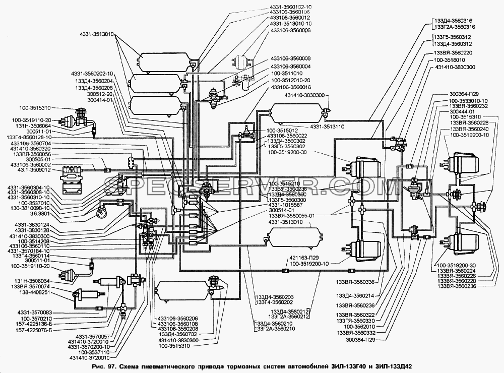Схема пневматического привода тормозных систем автомобилей ЗИЛ-133Г40 и ЗИЛ-133Д42 для ЗИЛ-133Г40 (список запасных частей)