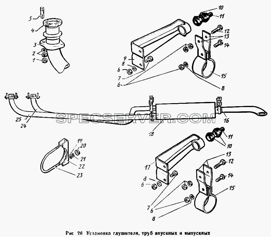 Установка глушителя, труб впускных и выпускных для ЗиЛа 431410 Каталог 1989 г. (список запасных частей)