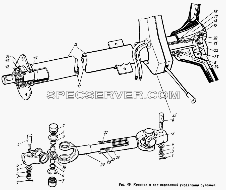 Колонка и вал карданный управления рулевого для ЗиЛа 431410 Каталог 1989 г. (список запасных частей)