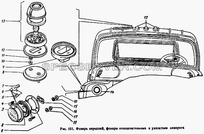 Фонарь передний, фонари опознавательные и указатели поворота для ЗиЛа 431410 Каталог 1989 г. (список запасных частей)