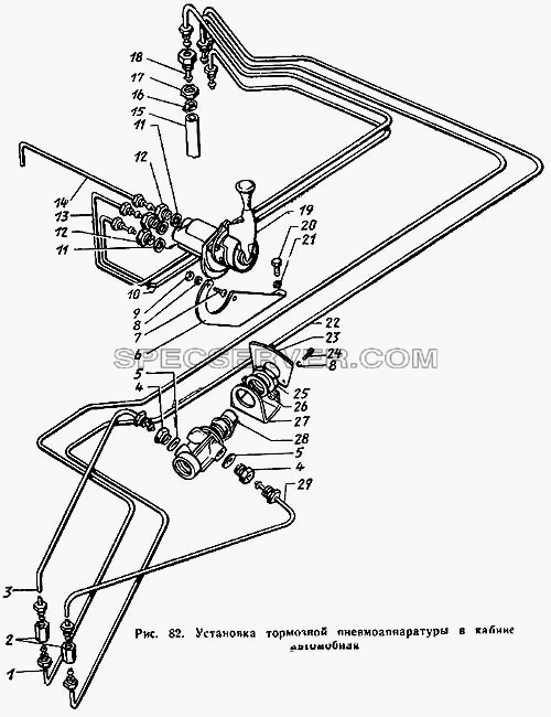 Установка тормозной пневмоаппаратуры в кабине автомобиля для ЗиЛа 431410 Каталог 1989 г. (список запасных частей)