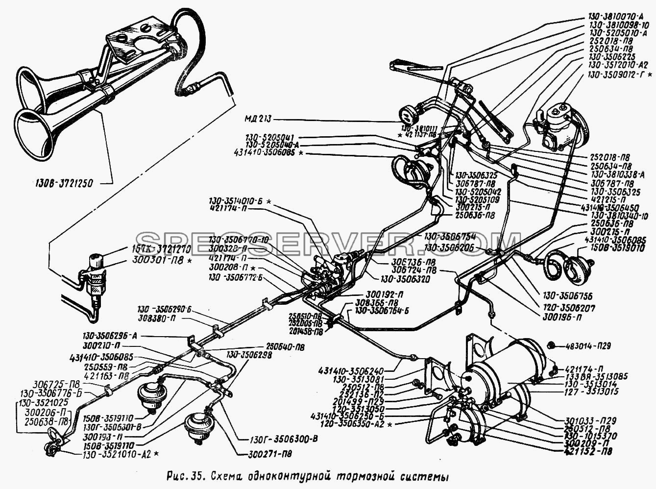 Схема одноконтурной тормозной системы для ЗИЛА 431410 (130) (список запасных частей)