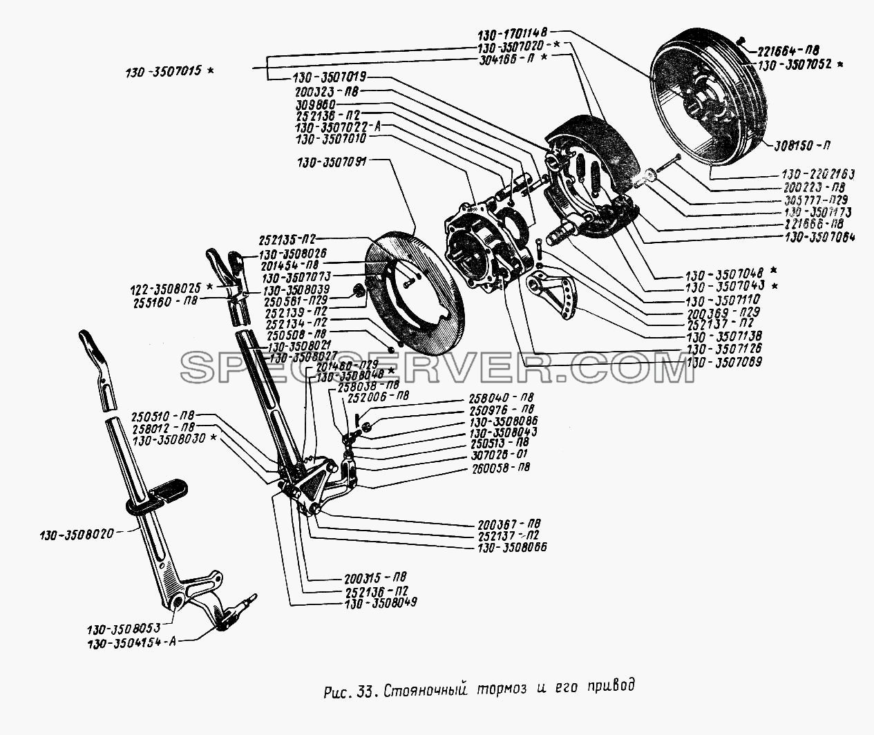 Стояночный тормоз и его привод для ЗИЛА 431410 (130) (список запасных частей)