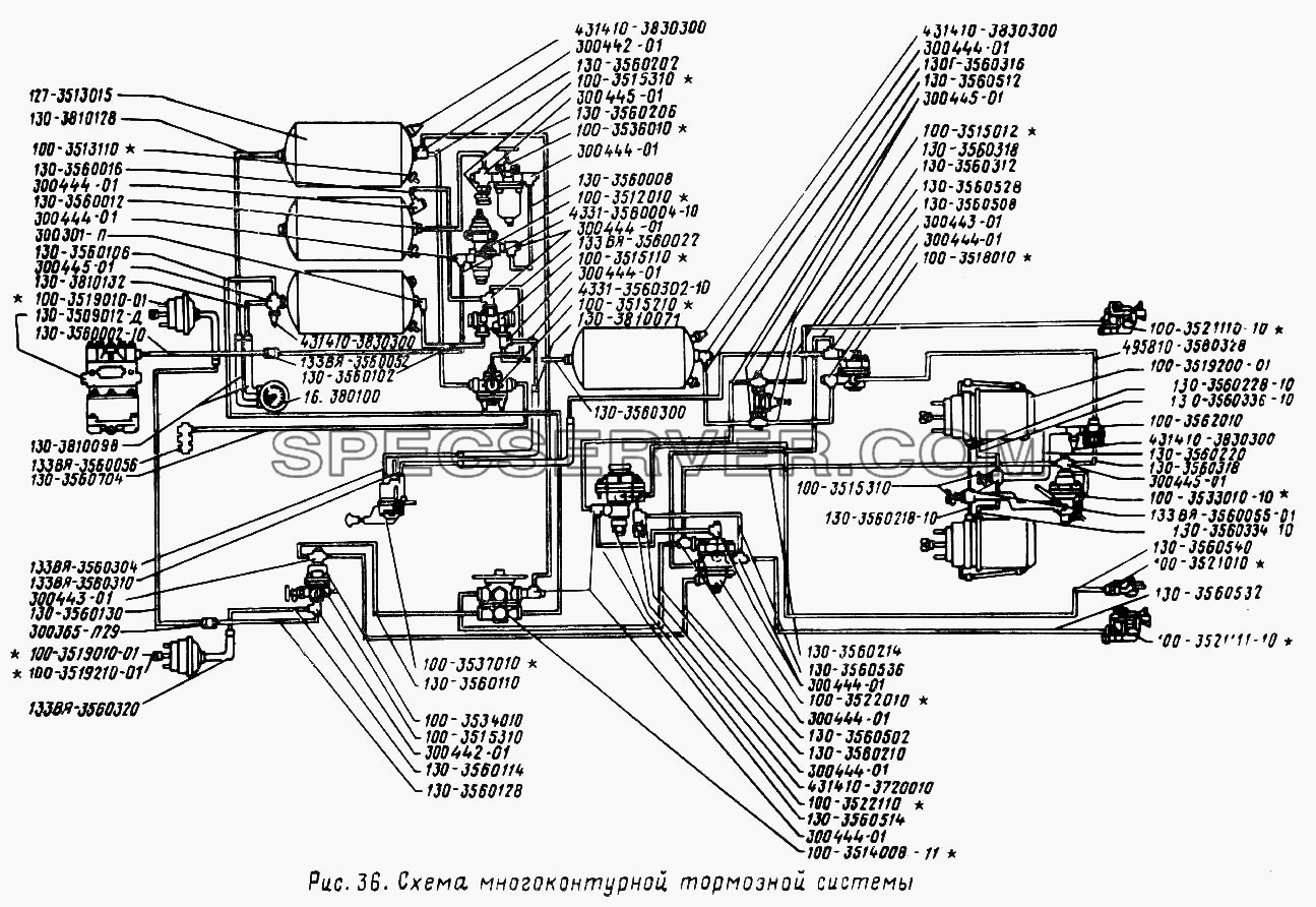Схема многоконтурной тормозной системы для ЗИЛА 431410 (130) (список запасных частей)