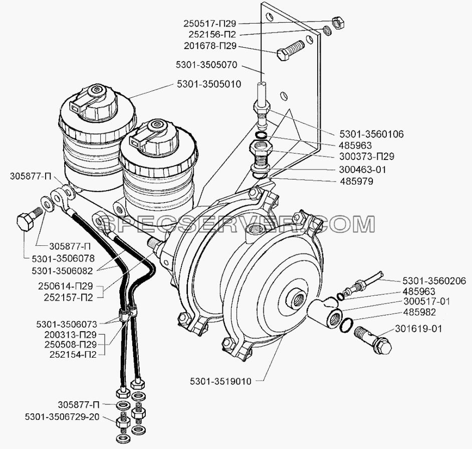 Установка двухполостной пневмокамеры и главного цилиндра гидропривода на автомобиль ЗИЛ-5301 для ЗИЛ-5301 (2006) (список запасных частей)