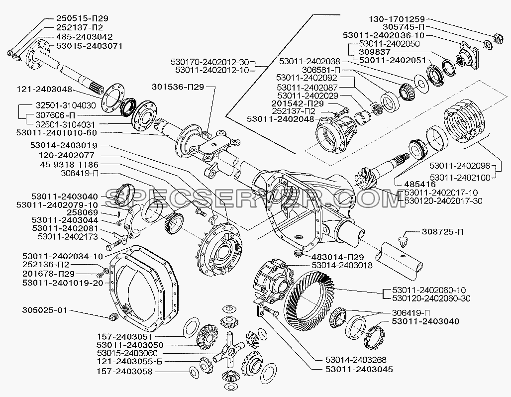 Картер, полуоси и главная передача заднего моста для ЗИЛ-5301 (2006) (список запасных частей)
