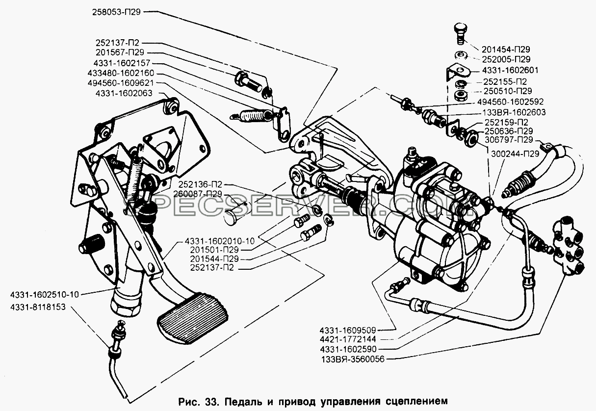 Педаль и привод управления сцеплением для ЗИЛ-433110 (список запасных частей)