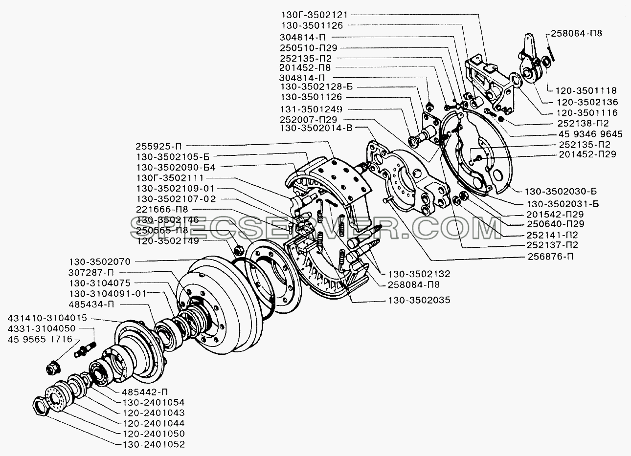 Тормоза и ступицы заднего колеса для ЗИЛ-433110 (список запасных частей)