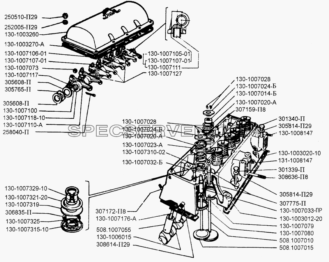 Головка блока цилиндров, клапаны и толкатели для ЗИЛ-433110 (список запасных частей)