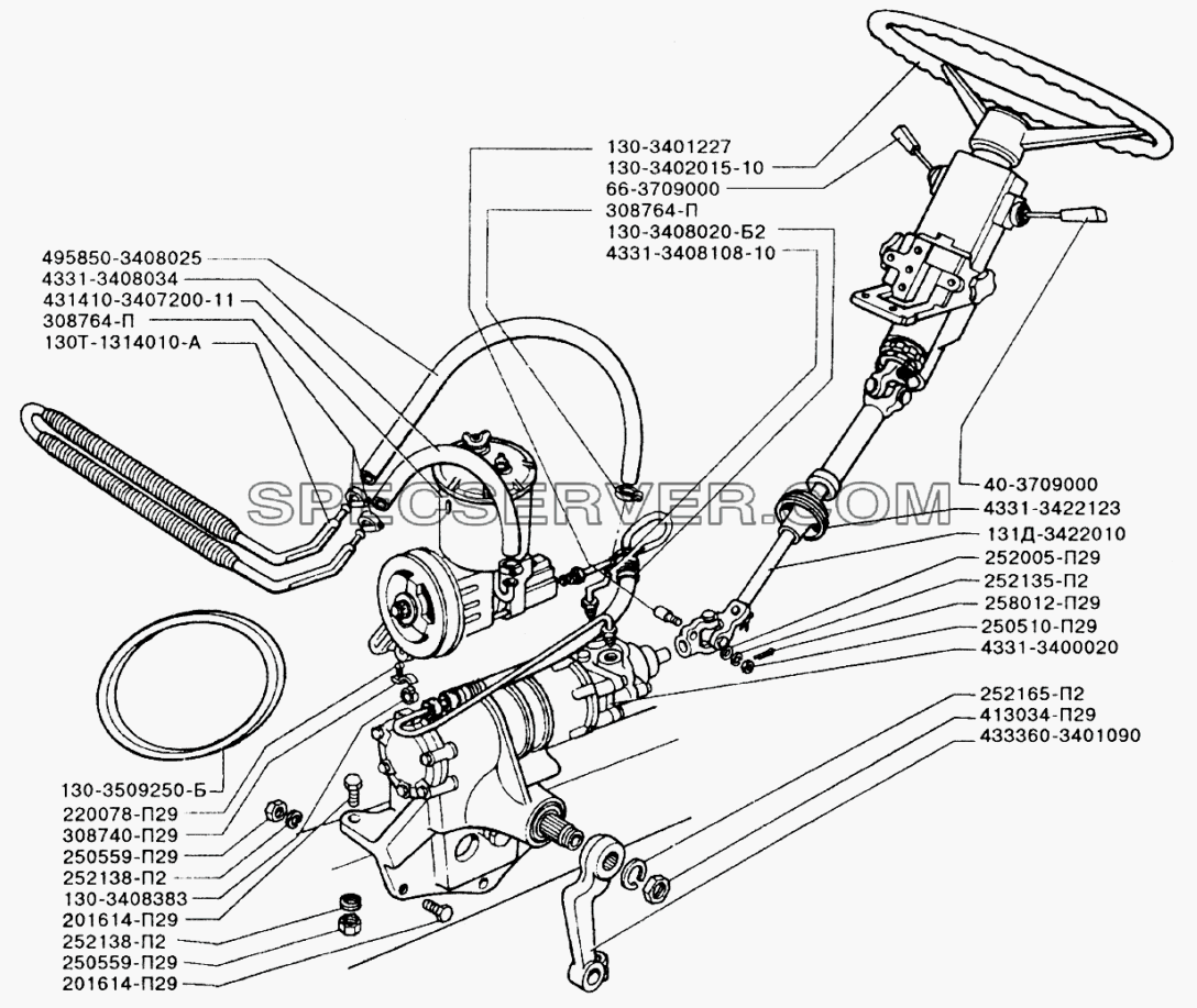 Установка рулевого управления, маслопривода и привода насоса гидроусилителя руля для ЗИЛ-433110 (список запасных частей)