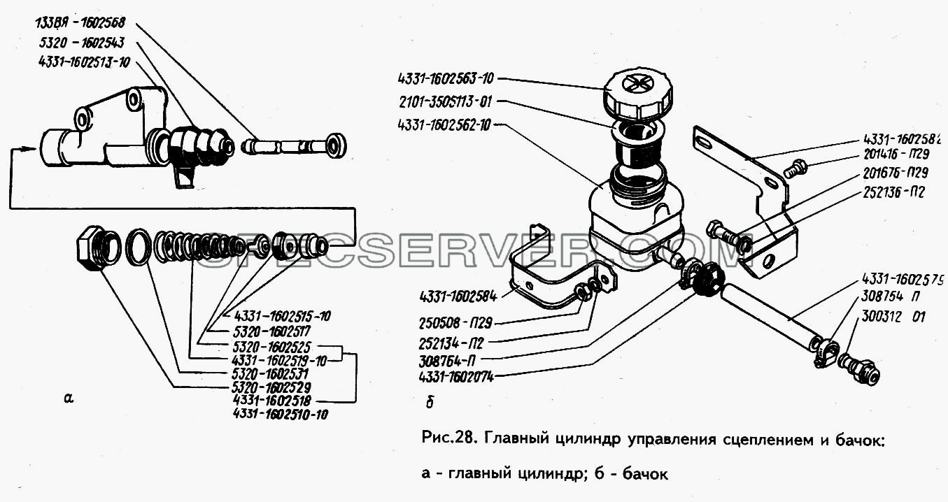 Главный цилиндр управления сцеплением и бачок для ЗИЛ 433100 (список запасных частей)