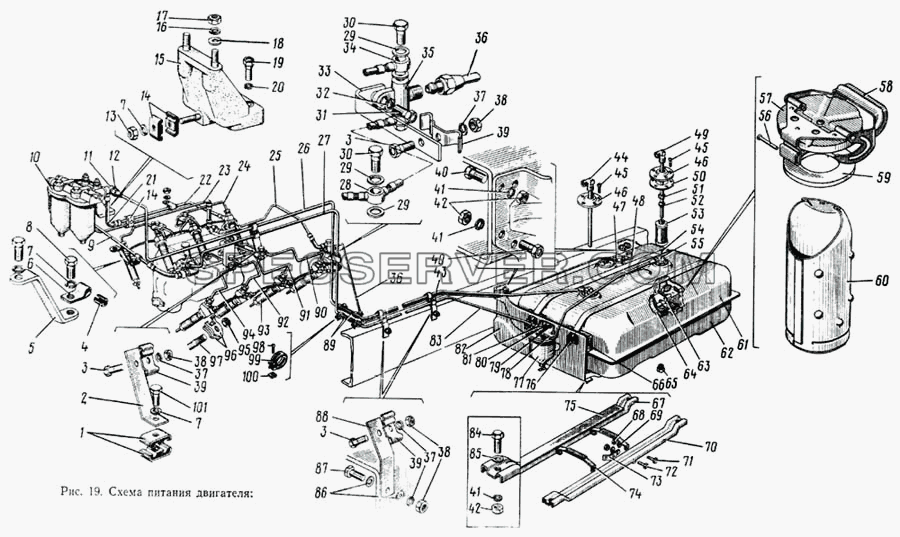 Схема питания двигателя для ЗИЛ 133ГЯ (список запасных частей)