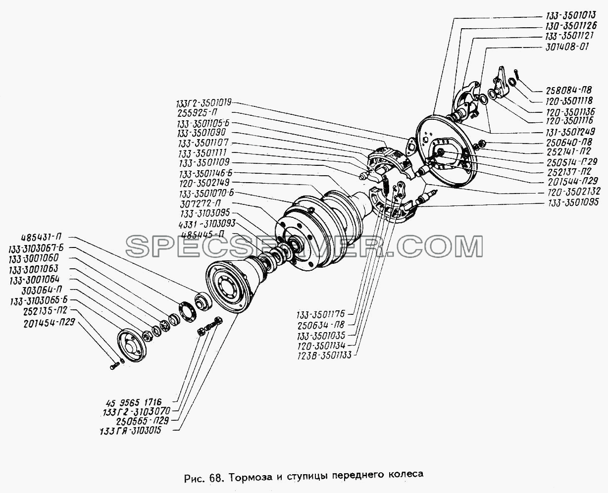 Тормоза и ступицы переднего колеса для ЗИЛ 442160 (список запасных частей)