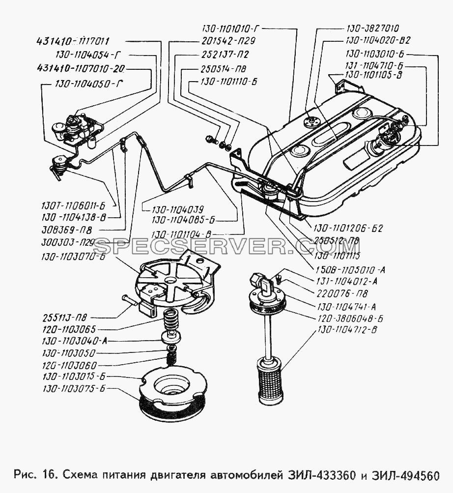Схема питания двигателя автомобилей ЗИЛ-433360 и ЗИЛ-494560 для ЗИЛ 442160 (список запасных частей)