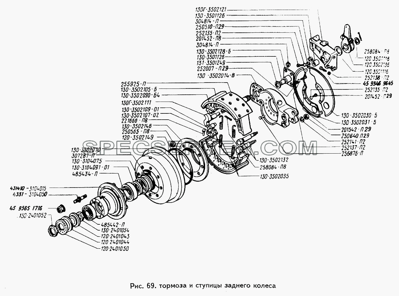 Тормоза и ступицы заднего колеса для ЗИЛ 442160 (список запасных частей)