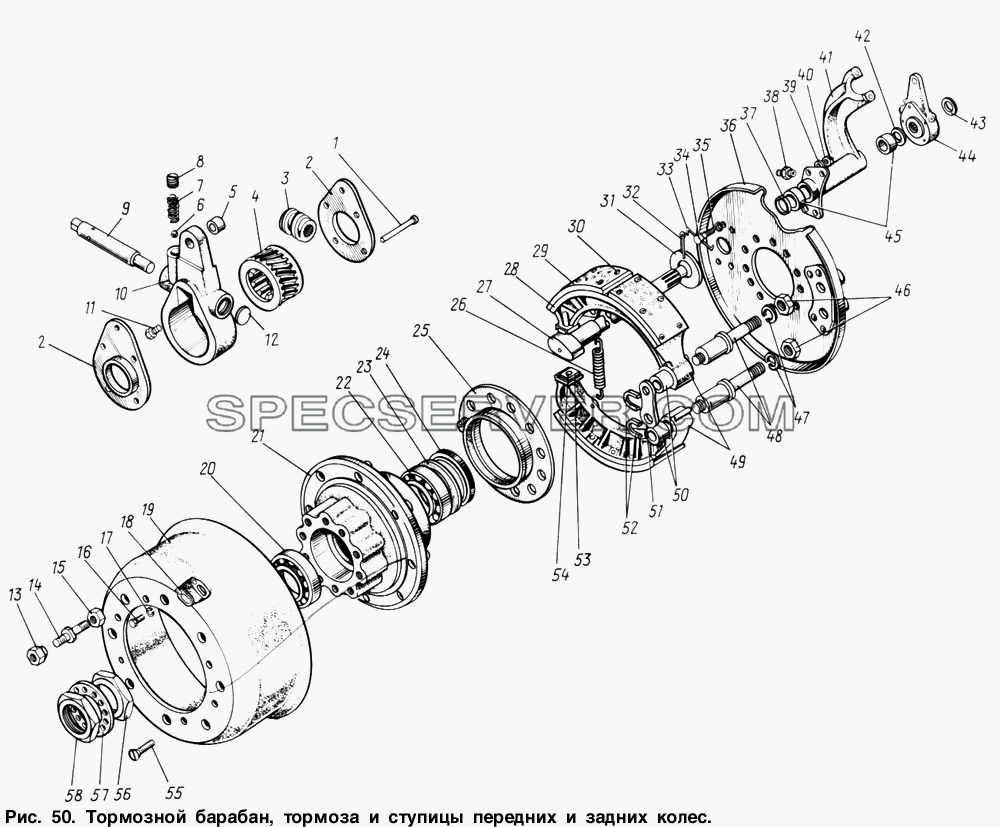 Тормозной барабан, тормоза и ступицы передних и задних колес для ЗИЛ 131 (список запасных частей)