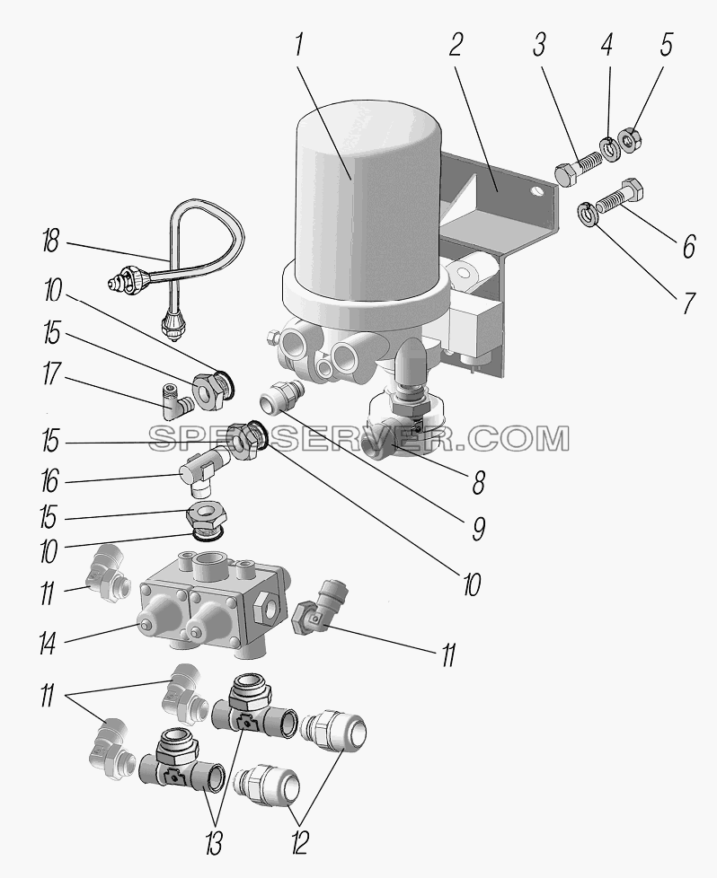 Установка адсорбера и четырехконтурного защитного клапана для Урал-44202-3511-80М (список запасных частей)